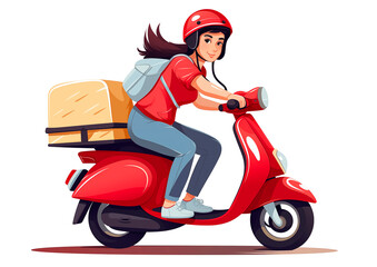 red scooter food delivery service -  moped fast package delivery woman illustration.