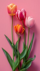 A trio of distinct tulip bouquets stand out against the pink canvas with contrasting hues and natural vibrancy