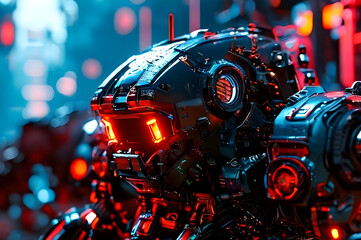 Fototapeta na wymiar The Futuristic Mega War Robots And Hero, War Technology, High-Tech Armor.