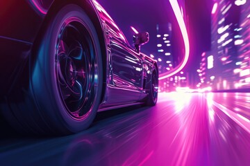 Car speed drive on the road in night city. Retro wave neon noir lights color toning