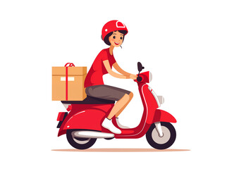 Fototapeta na wymiar red scooter food delivery service - moped fast package delivery woman illustration.