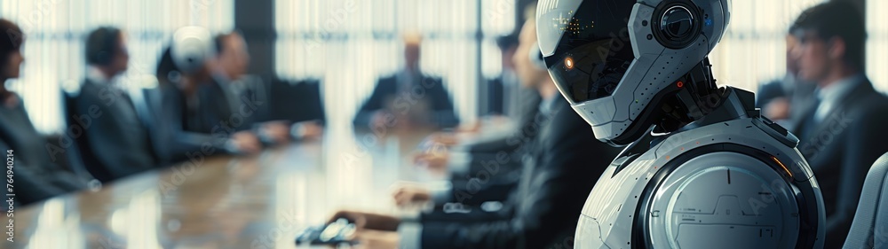 Poster The concept of introducing artificial intelligence. A humanoid robot sits at a table with people at a business meeting. Banner.