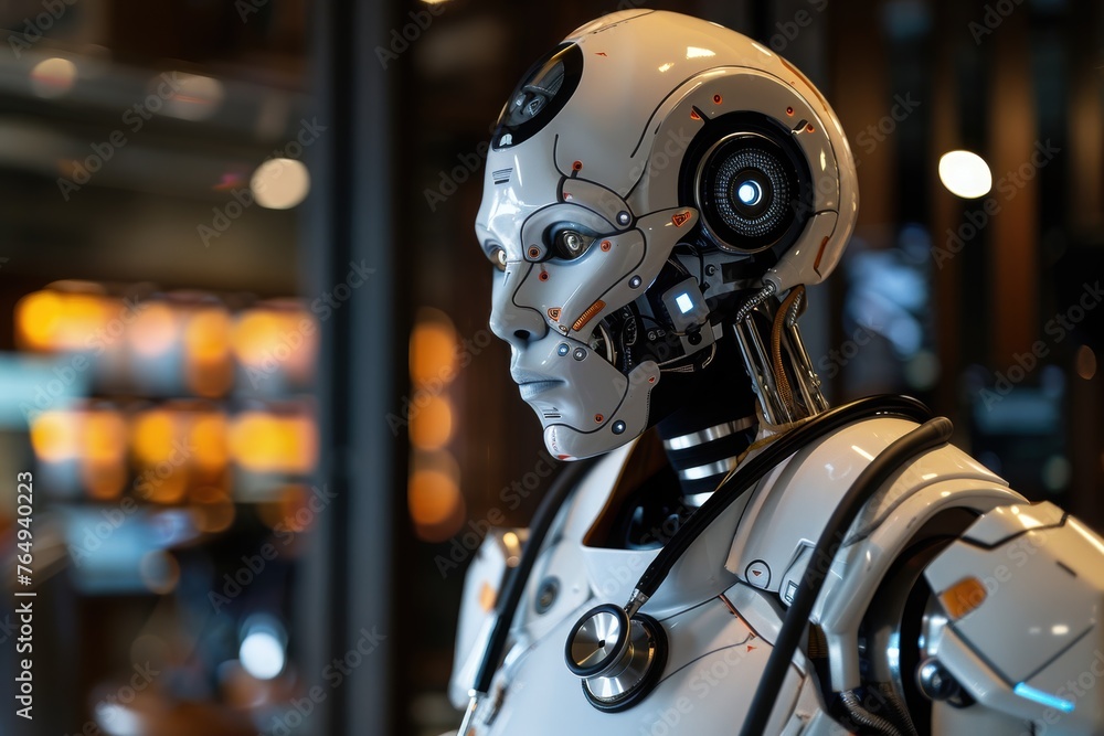 Poster Concept for introducing AI technology. The humanoid robot is like a doctor with a stethoscope. Indoors.