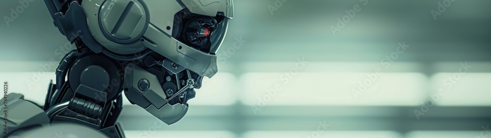 Poster ai technology concept. close-up of the head of a humanoid robot on a blurred background with copy sp
