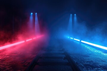 Abstract night view with neon lights and fog.