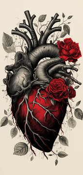 anatomical print of a heart drawing in black and white, with a red rose wrapped around the heart сreated with Generative Ai