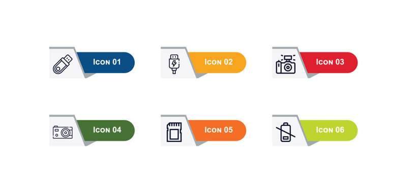 outline icons set from electronic stuff fill concept. editable vector included old video camera, usb cable, phone receiver, compact camera, ro, landscape photo icons.
