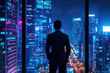 Successful businessman enjoying urban view at night. - obrazy, fototapety, plakaty