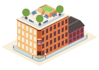 Two vector Isometric buildings with a garden on the roof.