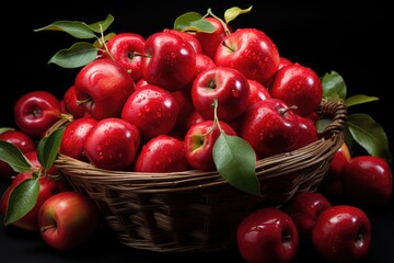 Mature organic red apples out of the basket on the black surface. ., generative IA