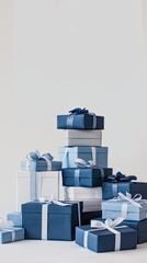 a stack of blue, white, or grey gift boxes against a crisp white background, from a horizontal angle with a head-up view, highlighting intricate details and ample empty space for text.