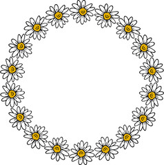 Round frame with wondrous chamomile on white background. Vector image.