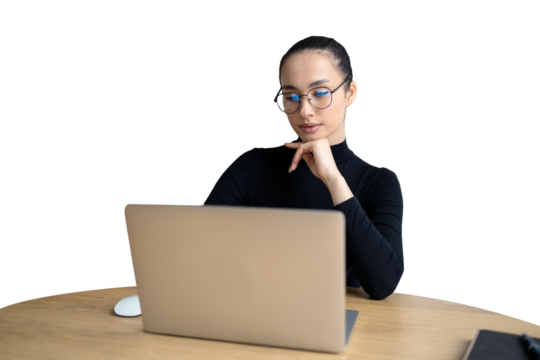 Focus on the screen a female freelancer smiling working in the office using a laptop computer, transparent isolated background.