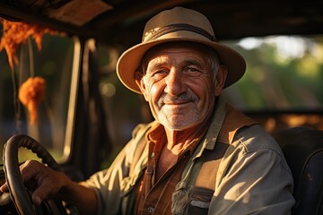 Portrait of a senior farmer driving his old retro style tractor machine through an, generative IA