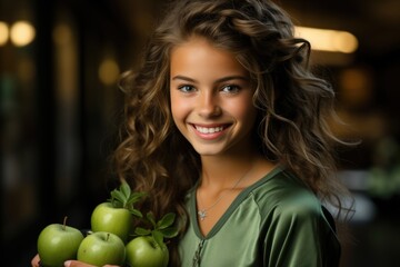 Fototapeta na wymiar Portrait, of smiling, healthy, sports, girl, holding, green apple, generative IA