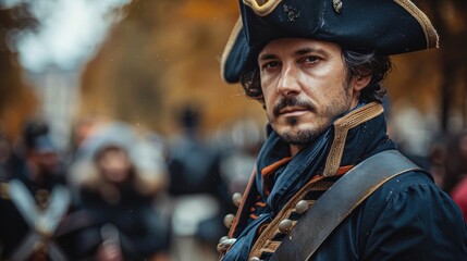 French historical emperor of France. Person in general uniform. Officer portrait. Serious man wearing a costume of Napoleon Bonaparte.