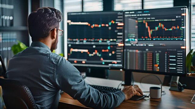 Professional trader focused on multiple computer screens displaying live trading charts and stock data