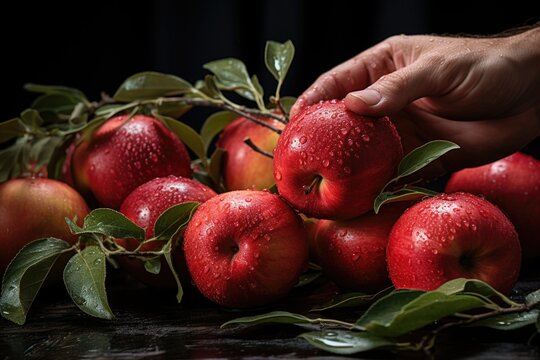 Vertical view of all and cutting fresh red apples and leaves in black background, generative IA