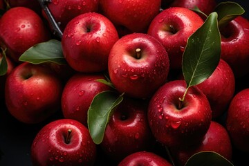 View from above fresh red apples in dark background color fruit health tree pear r, generative IA