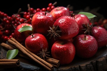 Front view of red apples in cinnamon rods in the dark, generative IA