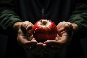 Front view of human hands with an apple on the dark surface, generative IA