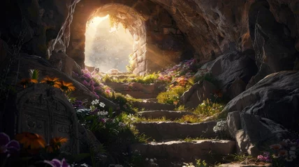Fotobehang Jesus's resurrection from the tomb in photorealistic detail, focusing on the rocky interior devoid of flowers or greenery, illuminated by the soft morning light. © lililia