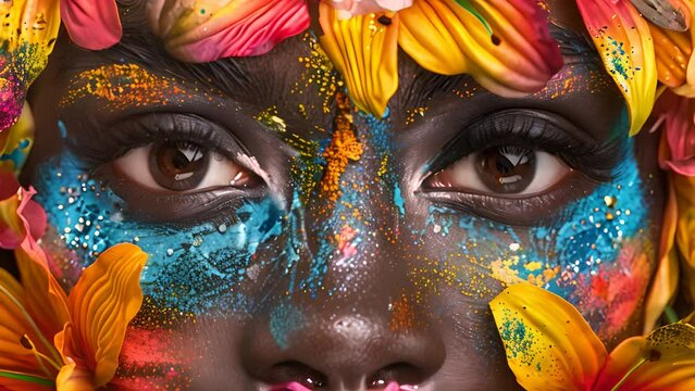 A detailed view of a person with intricate flower designs painted on their face, showcasing the artistry and creativity of the makeup