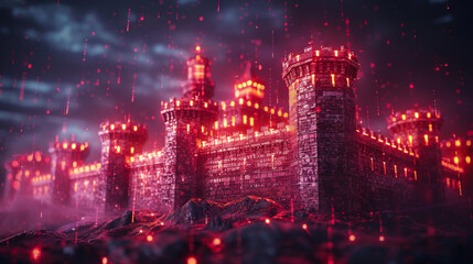 Stylized illustration of blockchain technology as a fortress protecting information depicting data blocks within a digital fortress wall - obrazy, fototapety, plakaty