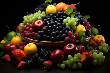 Higher view composition of different fruits ripe and mature fruits in dark backgro, generative IA