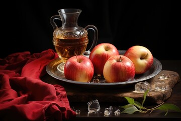 Superior view apples with apple juice on the cloth and wood bottom. horizontal, generative IA