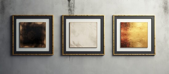 Three framed paintings hang on a plain wall in a simple setting