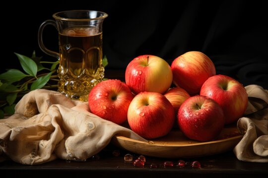Superior view apples with apple juice on the cloth and wood bottom. horizontal, generative IA