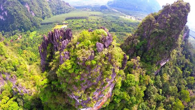 Aerial Forward Shot Of Limestone Krast Rock Formations In National Park - Krabi, Thailand
