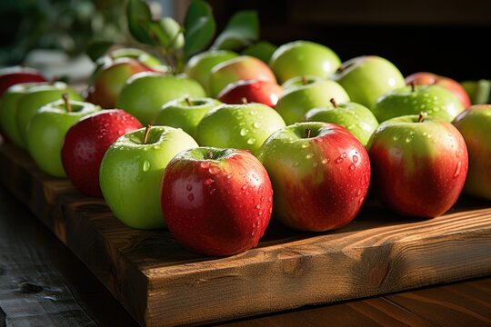 Superior view green apples with red on wood bottom. Horizontal free space for your, generative IA