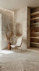 Warm sunlight bathes a tranquil interior featuring textured walls and a lone minimalist chair evoking calmness