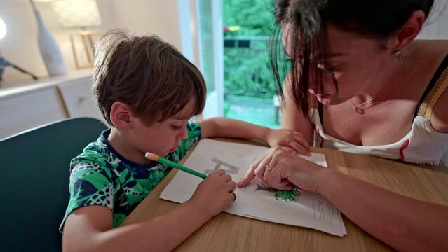 Homeschooling - Mother Demonstrates First Steps Of Literacy To Son, How To Hold And Use Pencil And Eraser
