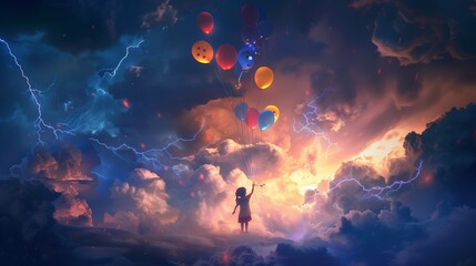 A whimsical scene unfolds as a child, clutching a bouquet of colorful balloons, stands fearlessly before a swirling tempest of fantasy.

 - obrazy, fototapety, plakaty