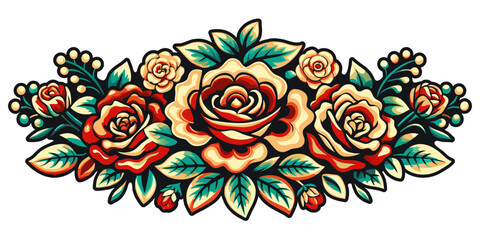 Fototapeta na wymiar Mexico mexican roses for festival Cinco de mayo. Retro old school roses for chicano tattoo. Digital illustration of a colorful, symmetrical floral mandala design on a navy backdrop