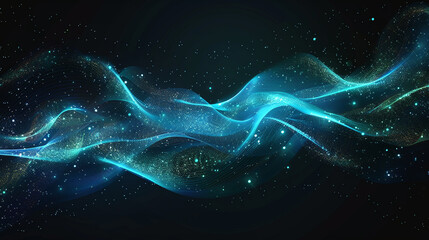 Dynamic blue-green abstract lines flow on black, symbolizing AI, digital, 5G, science, music in vibrant vector art.