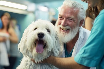 Professional veterinarian with to happy dog in modern veterinary clinic
