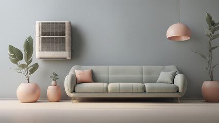 Air conditioner near sofa set in a room