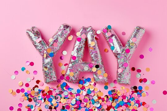 Glitter and sequin adorned letters spelling 'YAY' amid a confetti explosion on a vibrant pink backdrop
