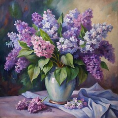 Still life with lilacs. Oil painting.