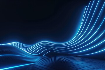 Abstract neon background with glowing wavy line on dark wall.