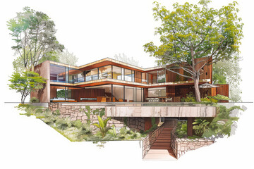 Illustration of architecture hospitality commercial project. AI Generative sketch of hotel in exterior front view perspective of residential villa area.