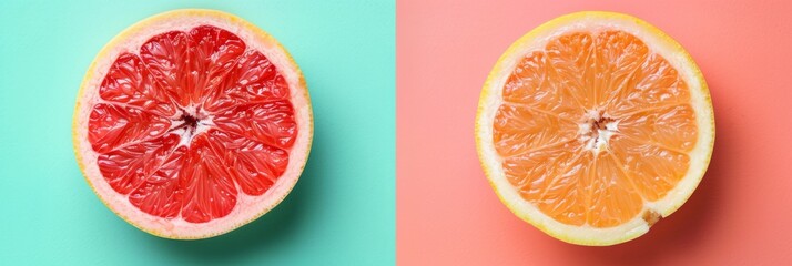 slices of citrus fruits on pastel colored background. 