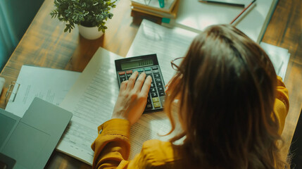 woman busy calculating household finances, taxes, manage home family expenditures or small business expenses using calculator.