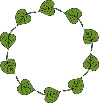 Round frame with wondrous green leaves on white background. Vector image.