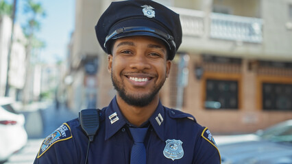 A smiling african american police officer stands confidently outdoors on a city street.