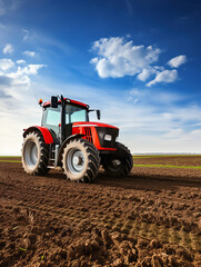Farmer's red tractor in a field at agricultural work against a blue sky with copy space